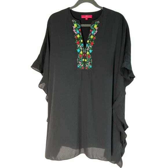 ELAINE TURNER Embroidered Tunic Kaftan Dress Black Multicolor Floral Boho Size M - Picture 1 of 5